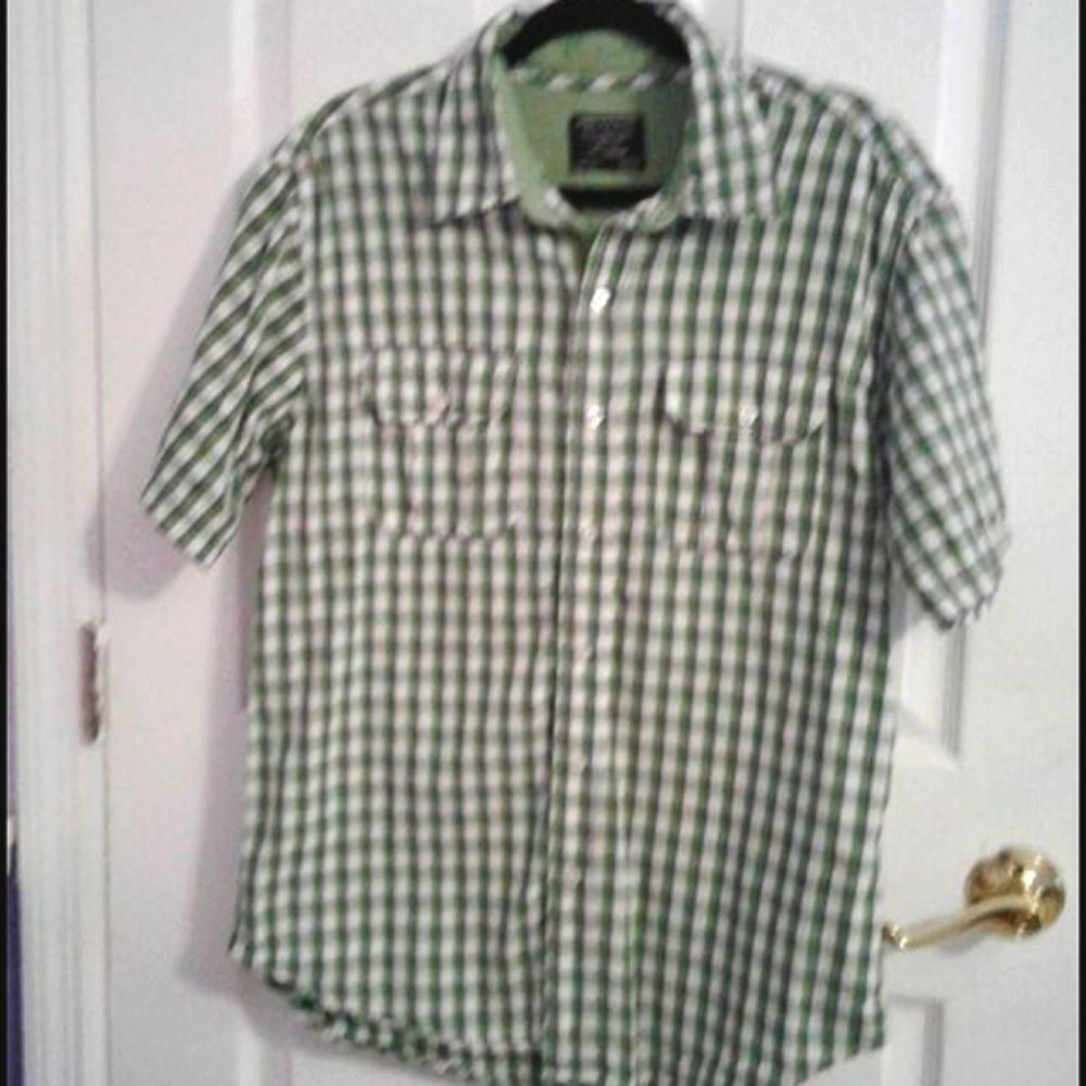 Paper Denim Green Plaid Short Sleeve Casual Button Down Shirt L